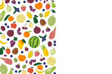 Fruity left side design concept. Rectangular background with copy space. Geometric composition for farmers market banner. Local eco organic fruits. Agricultural hand drawn flat vector illustration