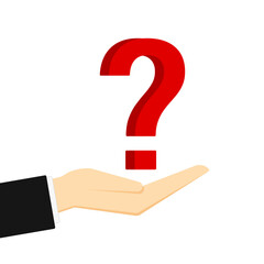 Hand holding a question mark on a white background. Vector illustration