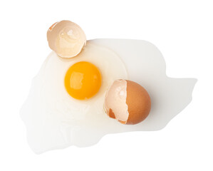 Broken Egg Isolated, Raw Yolk and White, Cracked Brown Shell, Fresh Broken Chicken Eggs on White Background