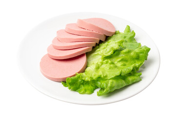 Mortadella Slice Isolated, Luncheon Meat Cut, Chicken Ham, Boiled Sausage for Breakfast © ange1011