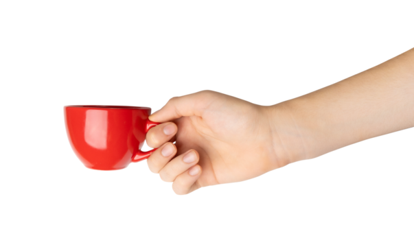 Hand Holds Cup Isolated, Empty Red Cup in Hands, Coffee Mug, Teacup, Hot Beverage Mockup