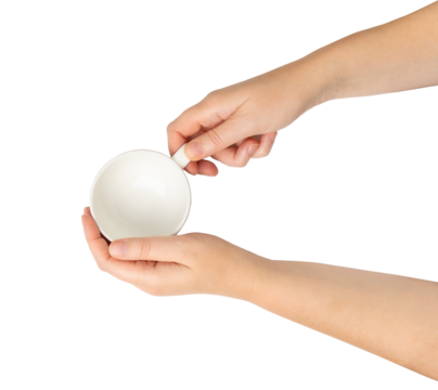 Hand Holds Cup Isolated, Empty White Cup in Hands, Coffee Mug, Teacup, Hot Beverage Mockup