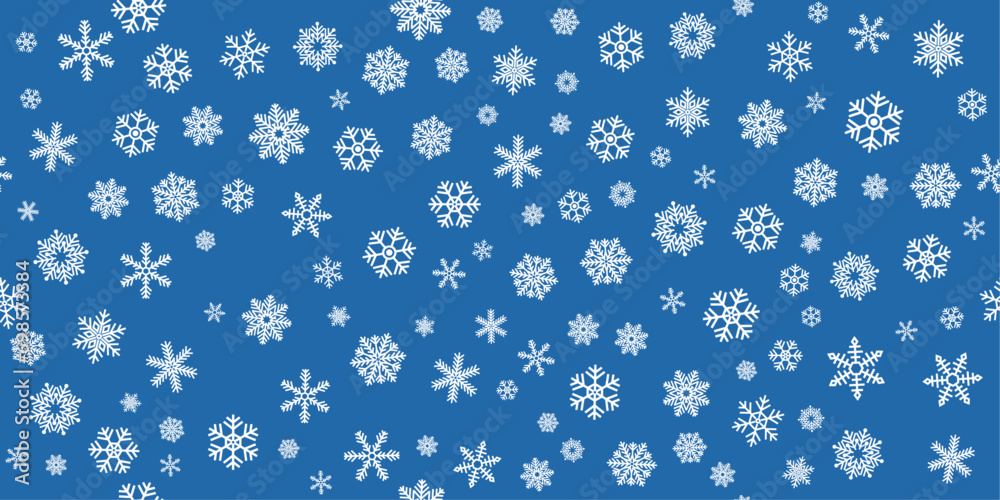 Poster A background of snowflakes dotted randomly across a blue canvas. Background of snowflakes of different sizes and types, seamless and New Year's pattern.