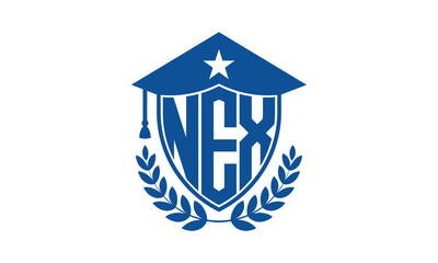 NEX three letter iconic academic logo design vector template. monogram, abstract, school, college, university, graduation cap symbol logo, shield, model, institute, educational, coaching canter, tech