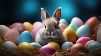 Fototapeta na wymiar funny Easter Bunny or Easter Rabbit peeking behind a pile of painted decorated or ornate Easter Eggs. ai generated