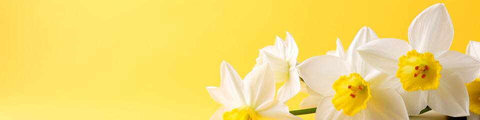 Banner White Daffodils on a Bright Yellow Background. Copy Space, Place for Text. Spring and Springtime Concept.