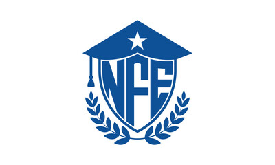 NFE three letter iconic academic logo design vector template. monogram, abstract, school, college, university, graduation cap symbol logo, shield, model, institute, educational, coaching canter, tech