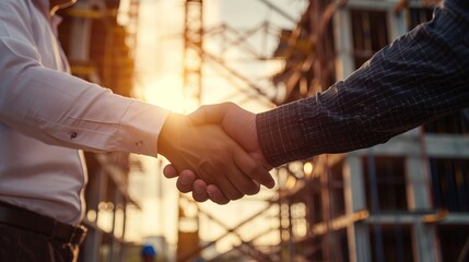 Successful deal, male architect shaking hands with client in construction site after confirm blueprint for renovate building. - obrazy, fototapety, plakaty