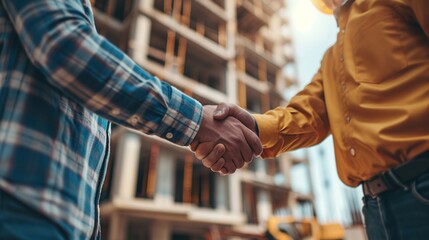 Successful deal, male architect shaking hands with client in construction site after confirm blueprint for renovate building.