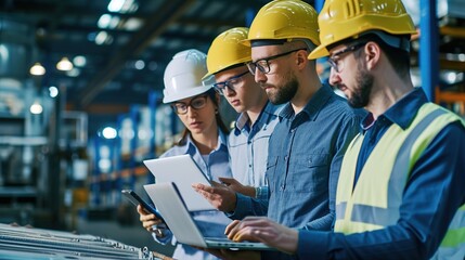 Successful warehouse team watching a presentation on a laptop