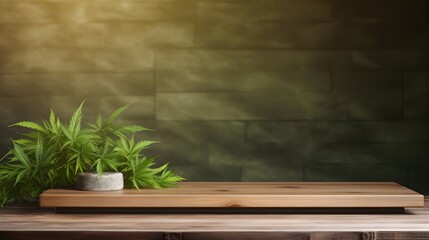 Wooden Shelf with Cannabis Plants and Blurry Background for Product Mockup