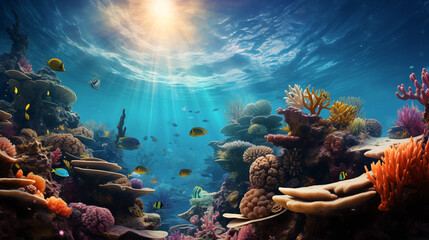 Underwater diving scene with natural sea life in the reef - obrazy, fototapety, plakaty