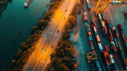Transportation and logistic network distribution growth. Container cargo ship and trucks of industrial freight for shipping. Business logistic import export and transport industry. Global business