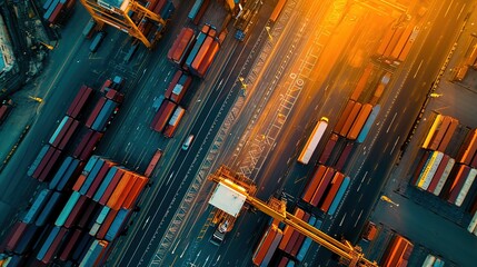 Obraz premium Transportation and logistic network distribution growth. Container cargo ship and trucks of industrial freight for shipping. Business logistic import export and transport industry. Global business