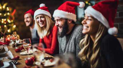 Happy group of friends wearing Santa Claus hat having Christmas dinner party , smiling group of people celebrating new year together