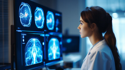 Neurologist doctor studying brain tests on a monitor at hospital - obrazy, fototapety, plakaty