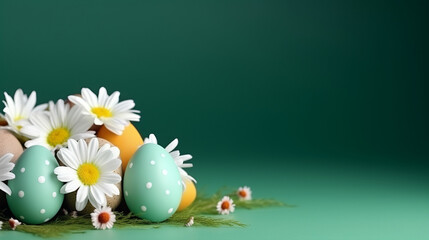 Easter background with colorful painted eggs and spring flowers and copy space on isolated green color