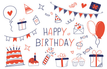 Cartoon colorful birthday doodle elements set. Hand drawn party and birthday decoration. Handwritten  lettering. Flag garland, birthday cake, party harts and hand drawn lettering happy birthday.  