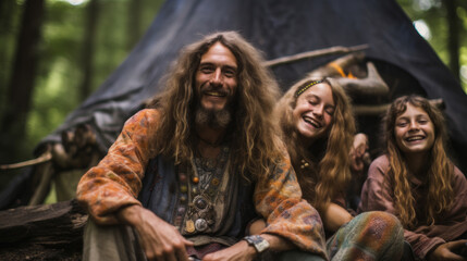 Portrait of a hippie family , hippy group of people living peace and love in middle of nature forest