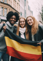 Three German cheerful woman and man friends holding a Germany flag on Berlin city street