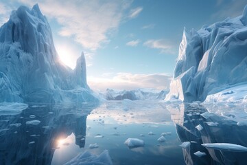 Frigid Ice land with icebergs. Nature landscape. Generate Ai
