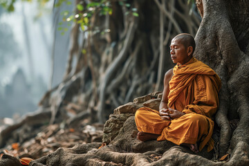 Buddhist monk meditating under the sacred Banyan tree