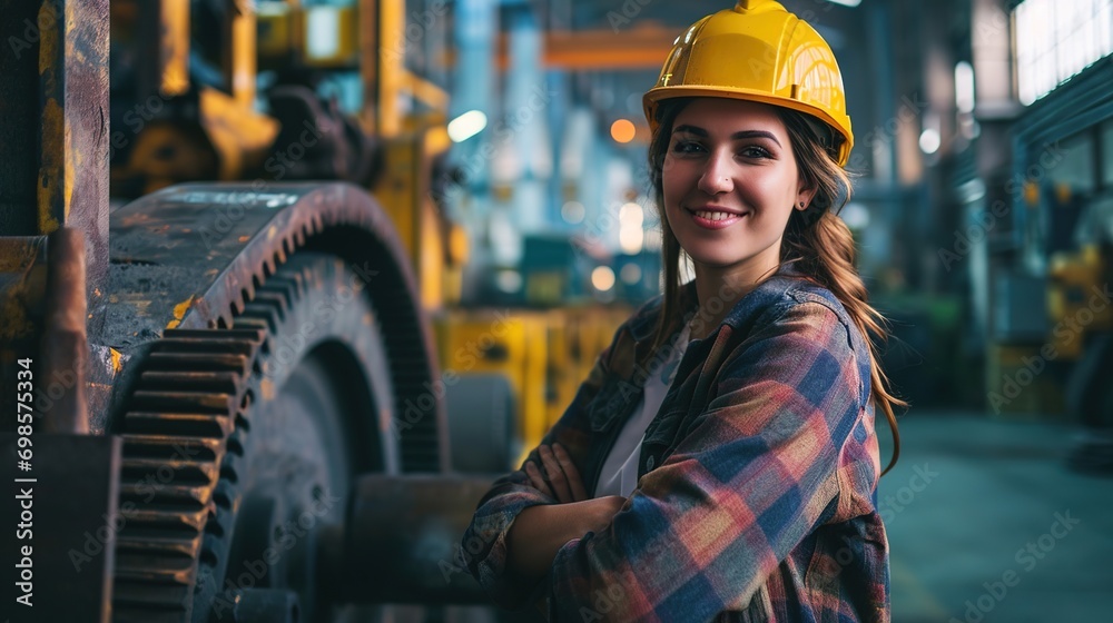 Canvas Prints Waist up portrait of cheerful young woman wearing hardhat smiling happily looking at camera while posing confidently in production workshop