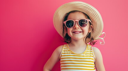 Vacation, portrait of child in studio with sunglasses and fun clothes and hat isolated on pink background.