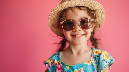 Vacation, portrait of child in studio with sunglasses and fun clothes and hat isolated on pink background.