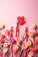 Greeting card for Women's day march 8, women and flowers made of paper. ai generated