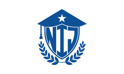 NIJ three letter iconic academic logo design vector template. monogram, abstract, school, college, university, graduation cap symbol logo, shield, model, institute, educational, coaching canter, tech