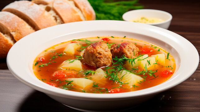 Soup with meatballs in a plate. Selective focus.