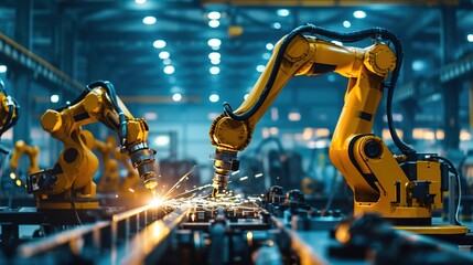 Welding robotics and digital manufacturing operation.Manager engineer check and control automation robot arms machine in intelligent factory industrial