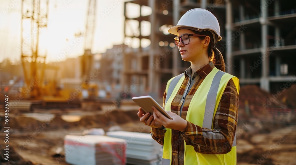 Canvas Prints woman engineer with tablet standing on construction site, working