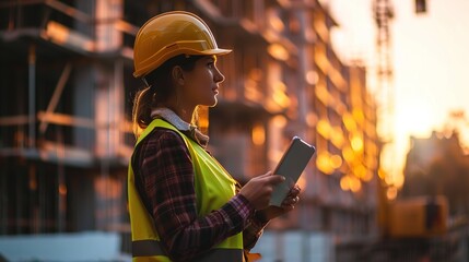 woman engineer with tablet standing on construction site, working - obrazy, fototapety, plakaty