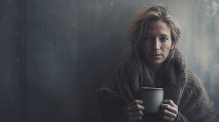 Mature neglected woman wearing grey tarnished blanket with empty cup begging for support - obrazy, fototapety, plakaty