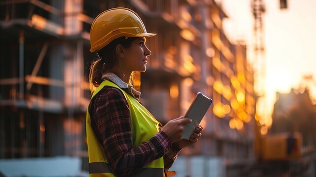 woman engineer with tablet standing on construction site, working