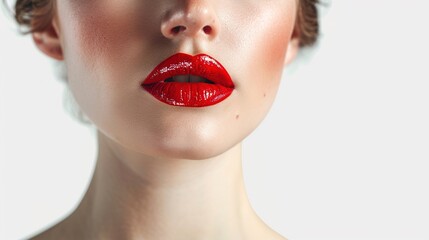 Obraz premium Woman, red lipstick and beauty makeup in cosmetics or skincare isolated on a transparent PNG background. Face of female person or model with facial product or color in confidence, self love or care, 