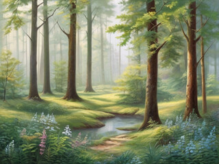 Natural forest scene with various forest trees in river art