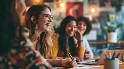 Women employee smile and laugh while planning a strategy in a marketing and advertising office. Diversity, collaboration and teamwork as worker support