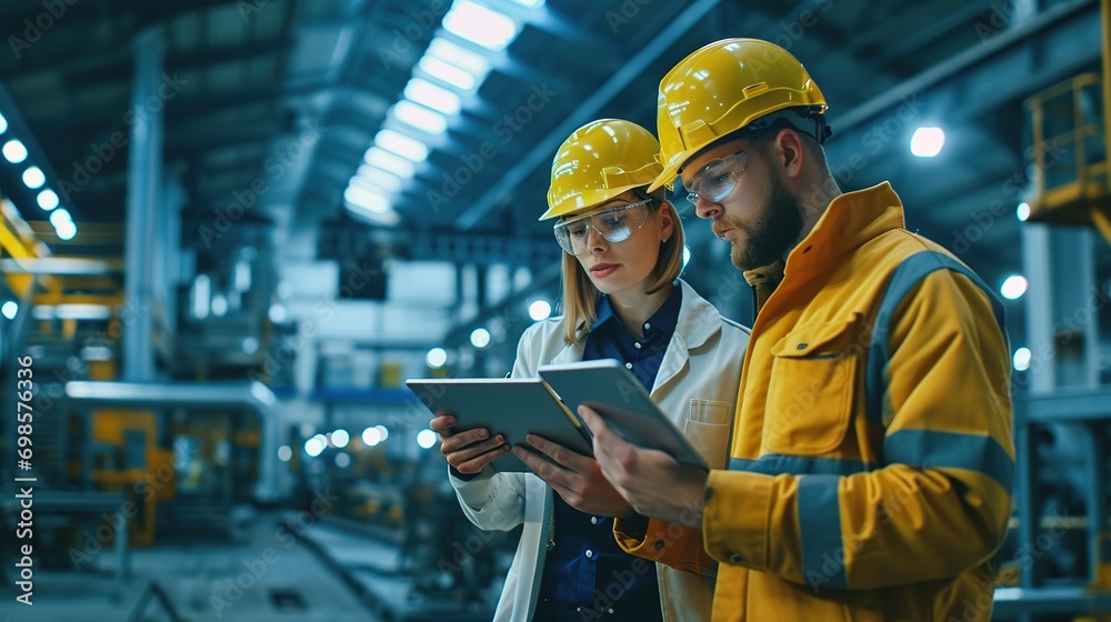 Sticker worker and engineer using tablet computer for inspection and checking production process on factory station