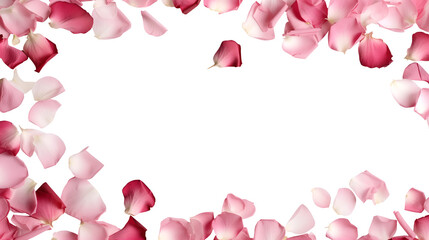 Pink and red rose roses flower petals scattered flat lay composition top view on transparent background cutout, PNG file. Mockup template for artwork. Wallpaper banner border - obrazy, fototapety, plakaty