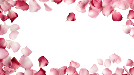 Pink and red rose roses flower petals scattered flat lay composition top view on transparent background cutout, PNG file. Mockup template for artwork. Wallpaper banner border