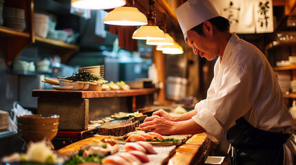 Busy sushi chef at world-renowned Japanese restaurant, AI Generated