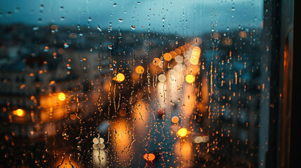 City through rainy window with bokeh effect, AI Generated