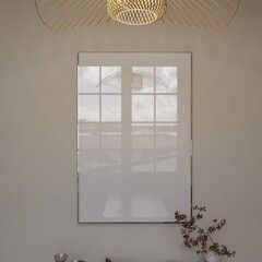 Silver frame mockup on wall, modern beige interior. Empty posters for wall art mock up. 3D render