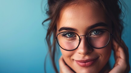 Young beautiful woman isolated portrait. Student girl wearing glasses closeup studio shot, Young businesswoman smiling indoor, People, beauty, student lifestyle