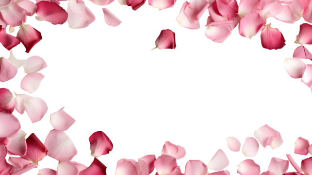 Pink and red rose roses flower petals scattered flat lay composition top view on transparent background cutout, PNG file. Mockup template for artwork. Wallpaper banner border