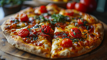 Fresh basil and cherry tomato pizza on a wooden board, artisan wood-fired Margherita pizza with...