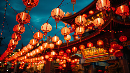 Temple beautifully adorned with red lanterns on Chinese New Year, AI Generated